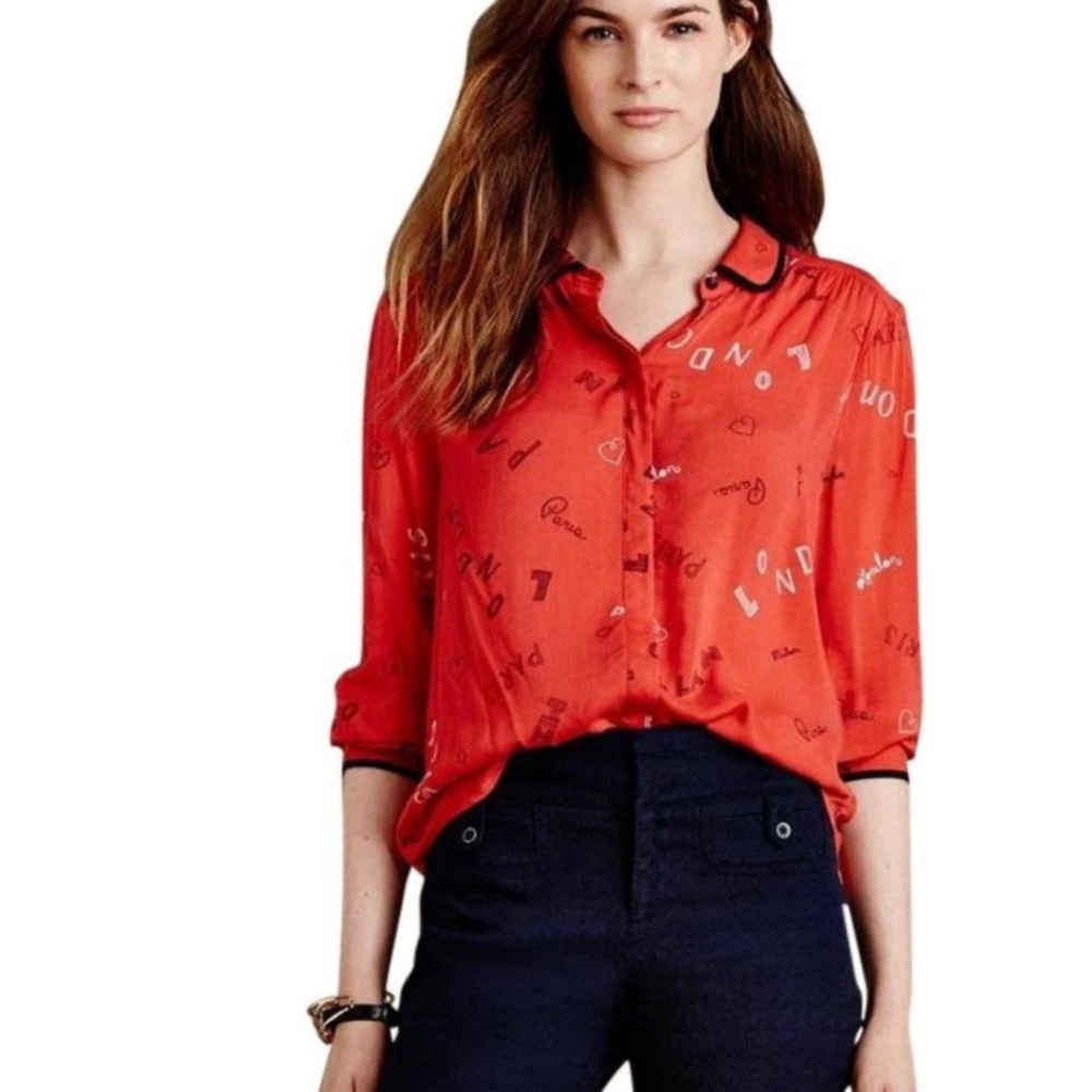 Maeve Anthropologie Womens Button Down Size 2 Shirt Red Art Paris London Milan